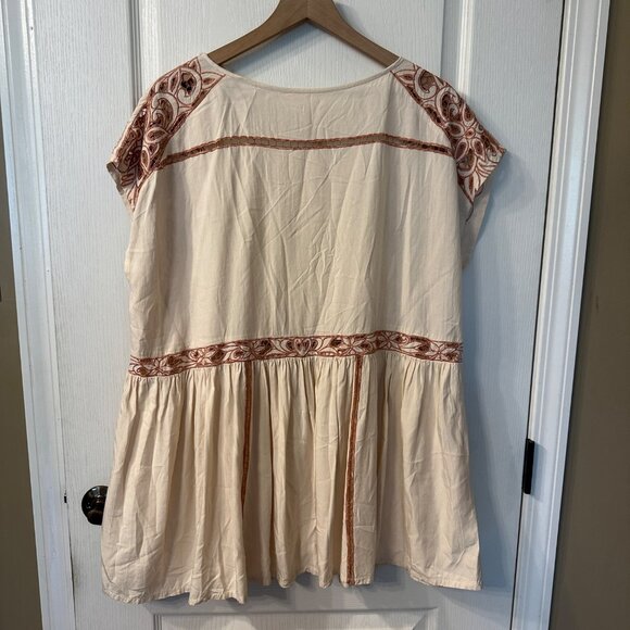 Free People | Ayu XS Boho Hippie Nude Short Sleeve Oversized Tunic Dress Open - Picture 2 of 15